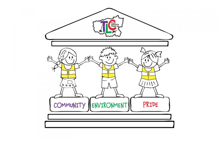 Illustrated graphic of 3 children over the words Community, Environment and Pride