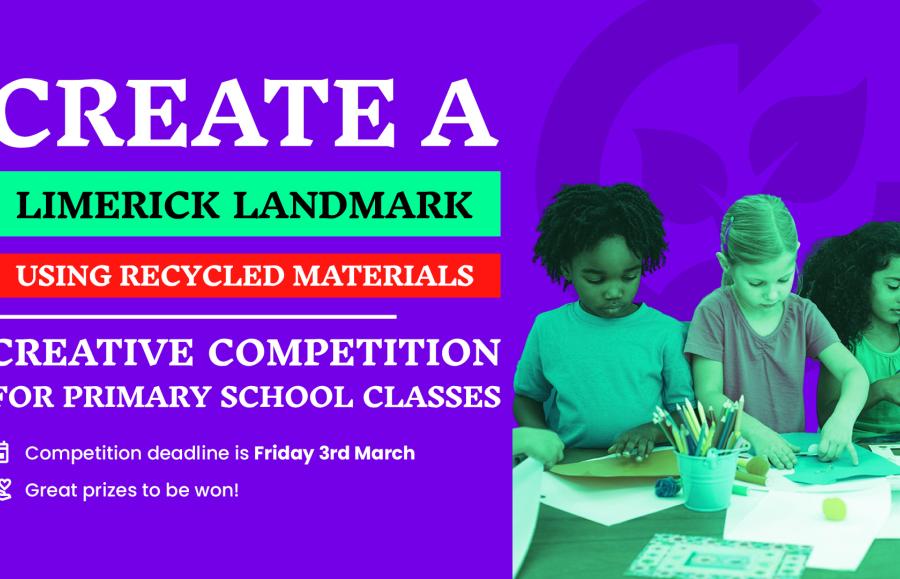 This graphic showcases a group of primary school students doing some arts and crafts and includes details of TLC8's Limerick Landmark's competition 